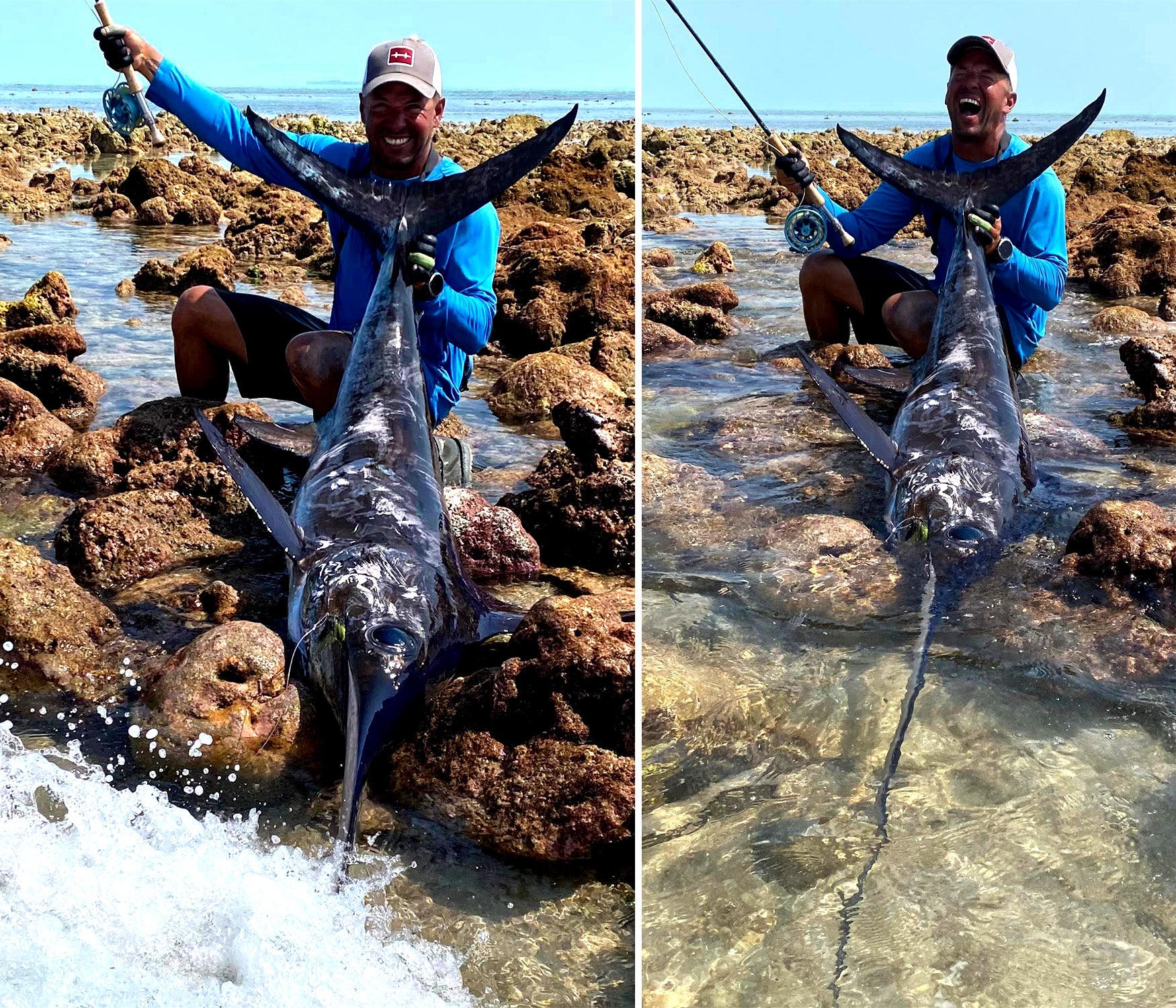 Questo pescatore ha catturato un pesce spada al volo.  È quasi inaudito